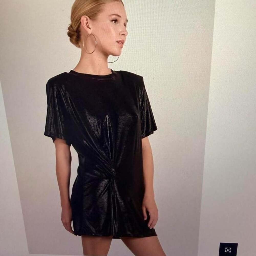 Elan Black Metallic T-Shirt Dress with Front Knot XS